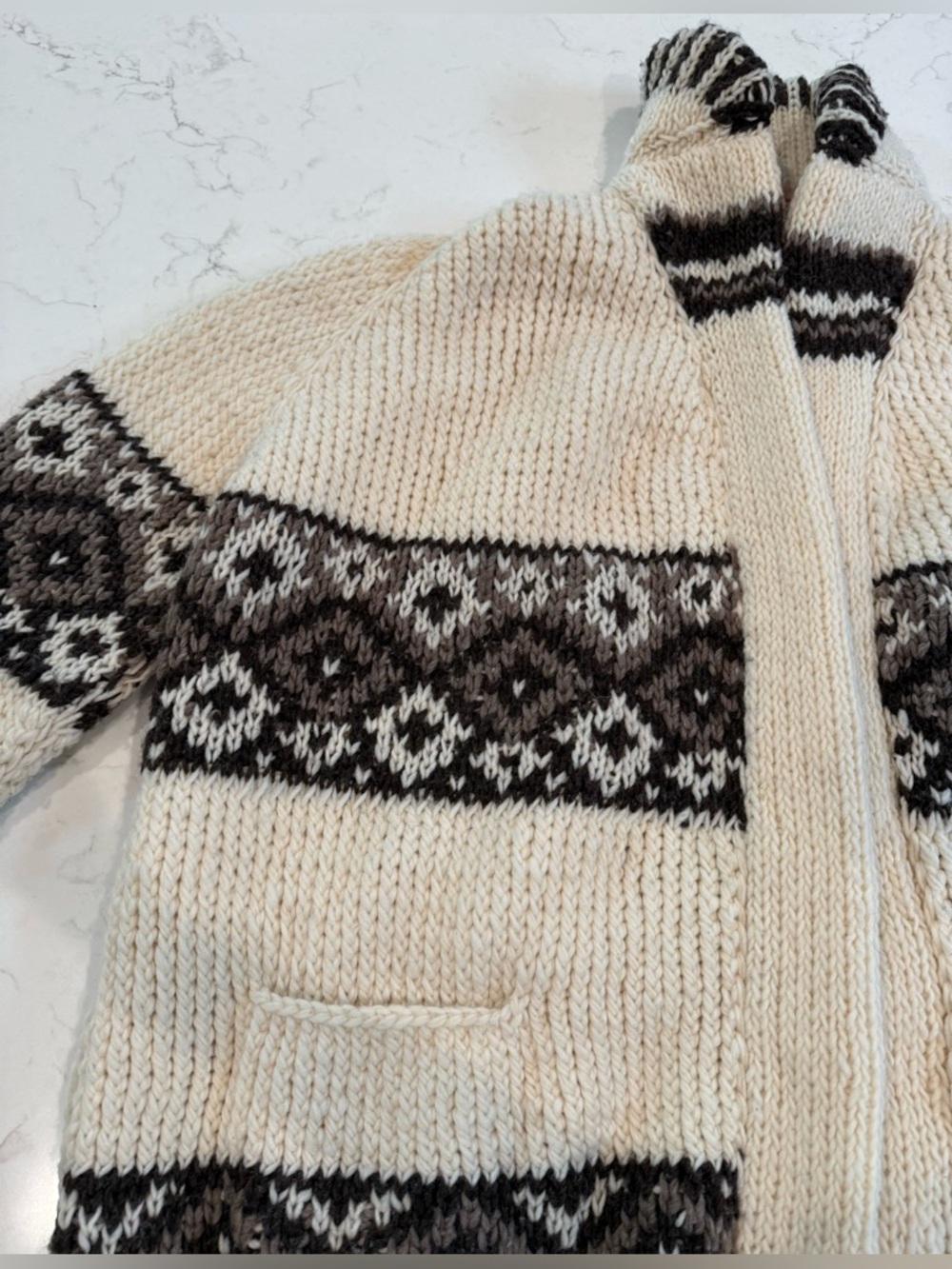 Camp Kitschy Knits Hand Knit Cardigan Cream with Fair Isle Pattern, size 50